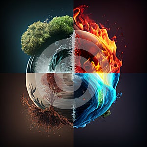 Four Elements of Nature, Earth planet as a collage of abstract backgrounds from Fire, Water, Earth, and Air concept, Ai