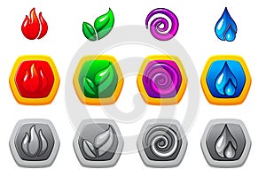 The four elements of nature - fire, air, earth, and water in different variants and colors. Set of icons for the game