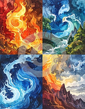 Four Elements Represented in Vibrant Artistic Style