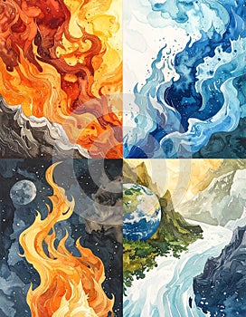 Four Elements Represented in Watercolor