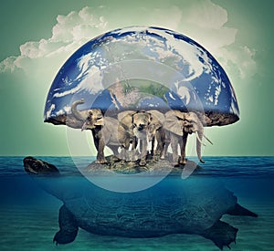 Four elephants carries the earth upon their backs stand on World turtle