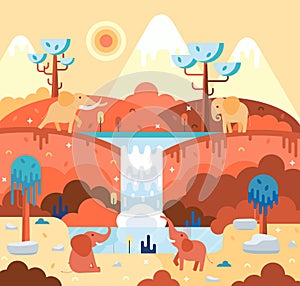 Four elephants in flat cartoon stile - africa landscape with animals at the watering hole