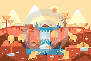 Four elephants in flat cartoon stile - panorama with animals near water, africa landscape