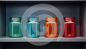 Four empty colorful preserving jars on cupboard. Concept of storage, choice, organizing