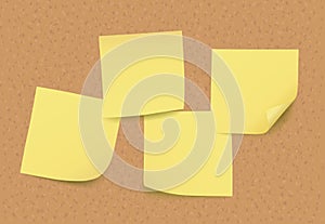 Four empty vector yellow post it notes on cork board
