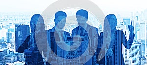 Four entrepreneur silhouettes standing and thinking with a city view in the background, teamwork and partnership concept. Double