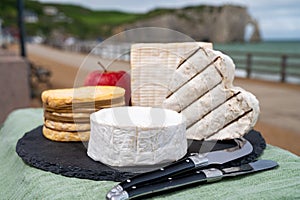 Four famous cheeses of Normandy, squared pont l`eveque, round camembert cow cheese, yellow livarot, heartshaped neufchatel and