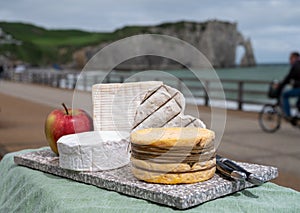 Four famous cheeses of Normandy, squared pont l`eveque, round camembert cow cheese, yellow livarot, heartshaped neufchatel and