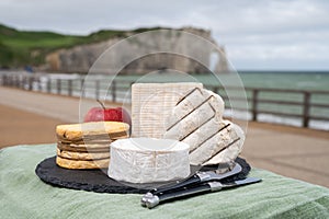 Four famous cheeses of Normandy, squared pont l`eveque, round camembert cow cheese, yellow livarot, heartshaped neufchatel and