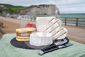 Four famous cheeses of Normandy, squared pont l`eveque, round camembert cow cheese, yellow livarot, heartshaped neufchatel and