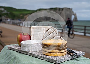 Four famous cheeses of Normandy, squared pont l`eveque, round camembert cow cheese, yellow livarot, heartshaped neufchatel and