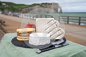 Four famous cheeses of Normandy, squared pont l`eveque, round camembert cow cheese, yellow livarot, heartshaped neufchatel and