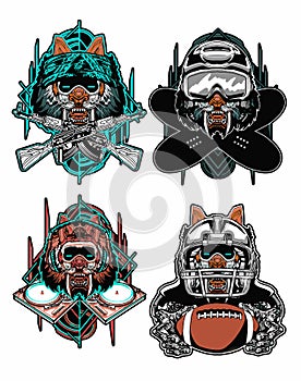 Four fanged lions with different sports style