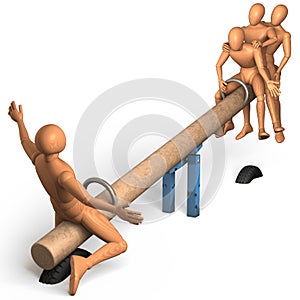 Four figures rocking on see-saw