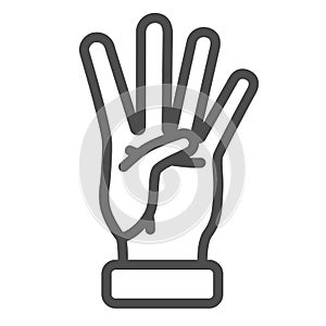 Four fingers gesture line icon, gestures concept, count numbers on palm sign on white background, hand showing four