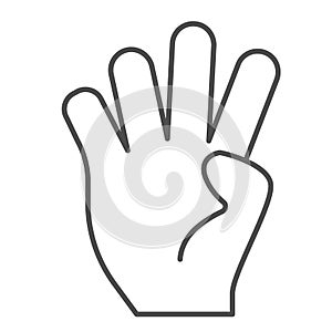 Four fingers gesture thin line icon. Hand with four fingers up vector illustration isolated on white. Hand gesture