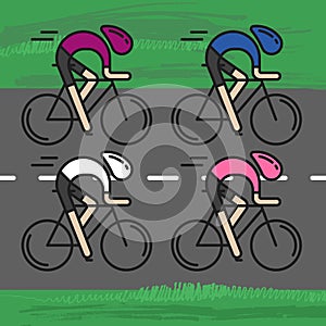 Four flat bicyclists, side view