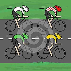 Four flat bicyclists, side view