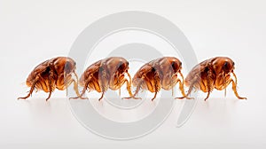 Four fleas in a row on white background. Pest control and bug extermination concept