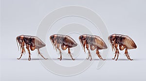 Four fleas in a row on white background. Pest control and bug extermination concept