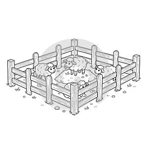 Minimal line drawing of fluffy sheep inside wooden fence â peaceful farm scene coloring page