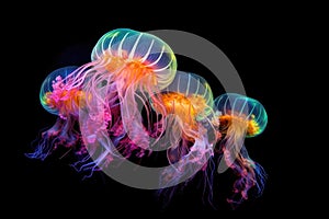 Four fluorescent jellyfish on black background, blue, purple, yellow, green and orange.