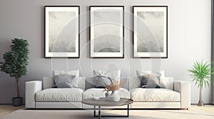 Four frames mock up in modern living room interior, 3d rendering