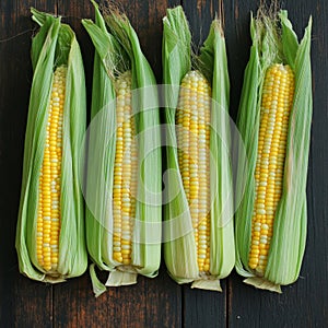 Four Fresh Ears of Corn on a Rustic Wooden Surface