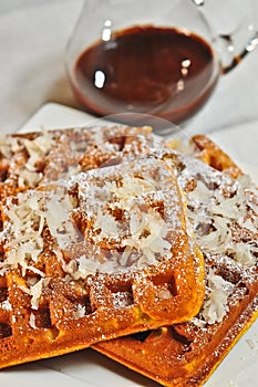 Four freshly baked, homemade, coconut waffles with bittersweet chololate sauce