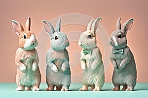 Four funny adult rabbits wearing a formal complement in the neck on color background. Generative AI