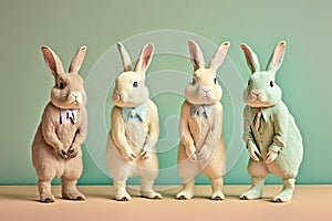 Four funny adult rabbits wearing a formal complement in the neck on color background. Generative AI