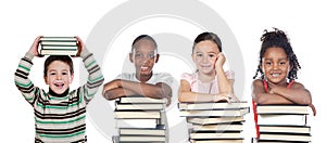 Four funny children with many books