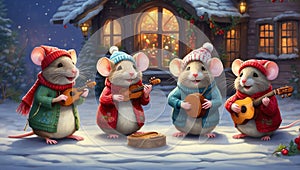 Four funny mice in knitted hats and colorful clothes sing Christmas carols and play musical instruments