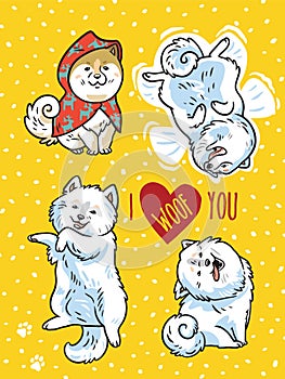 Four funny puppies with lettering I woof you. Vector illustration