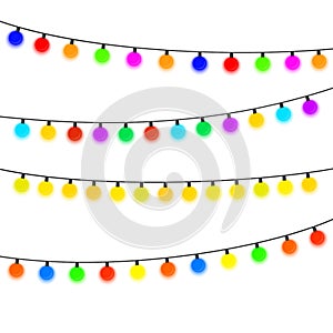 Four garlands with multi-colored light bulbs on a white background