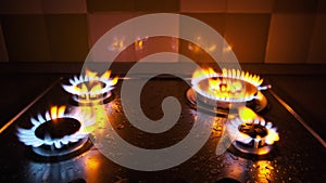 Four Gas Burners Burn Simultaneously on a Gas Stove in the Dark