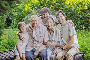 Four generations of family spend time together in the park. Elderly couple. Senior husband and wife holding hands and