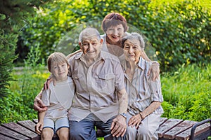 Four generations of family spend time together in the park. Elderly couple. Senior husband and wife holding hands and