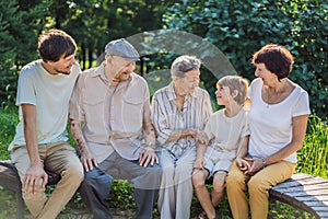 Four generations of family spend time together in the park. Elderly couple. Senior husband and wife holding hands and