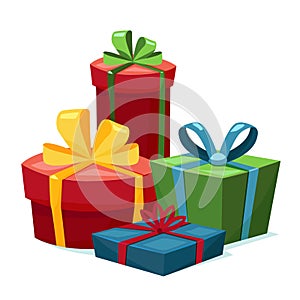 Four gift boxes with ribbons. Preparation for the holiday. Cartoon colored set of Christmas presents. Flat style stock