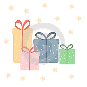 Four gifts of different colors and stars, vector graphics