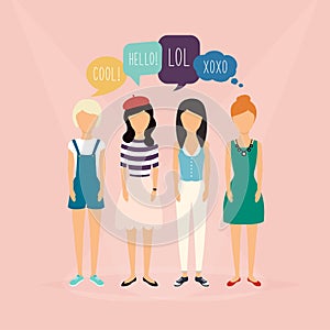 Four girls communicate. Speech Bubbles with Social Media Words.