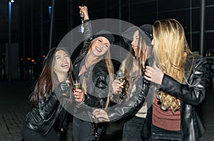 Four girls making party outdoor