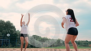 Four girls playing volleyball on the beach. Beach volleyball, net, women in bikinis. Flat cartoon illustration. Start