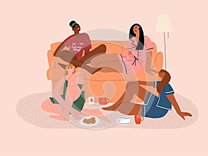 Four girls are talking sitting on the couch. Women friendship and communication. Flat vector illustration.