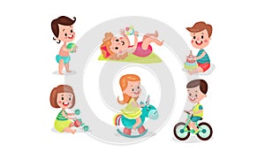 Four Girls And Two Boys Playing Having Fan With Various Toys Vector Illistrations Set