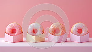 Four glamorous donuts with delicate, soft glaze on stands in the form of envelopes on a pink background. Place for text