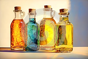 Four glass bottles with different colored versions of vegetable oils