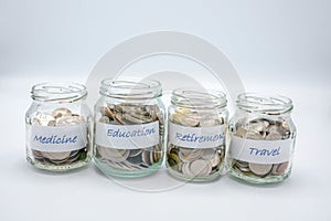 Four glass bottles filled with coins with label paper of medicine,education,retirement,travel
