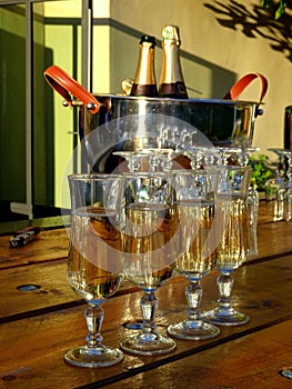 Four glass of Champagne on the outdoor table with champagne bottles in the background in the evening